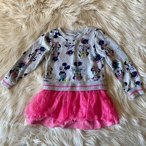 DISNEY Sz 2 Toddler Minnie Mickey Mouse Print Gray Sweatshirt Pink Tulle Dress
